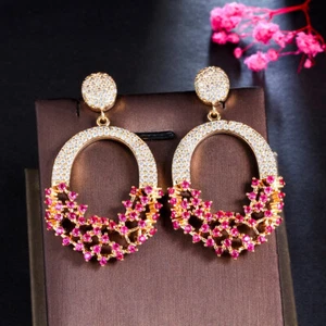 Exclusive Hot Pink 18k Yellow Gold CZ Women Big Chunky Long Dangle Drop Earrings - Bild 1 von 11