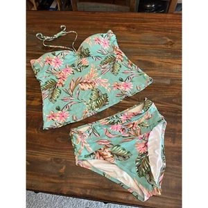 Freshwater Floral Tankini Swimsuit Top XXL & Bottom L Set Halter Aqua Pink - Picture 1 of 7
