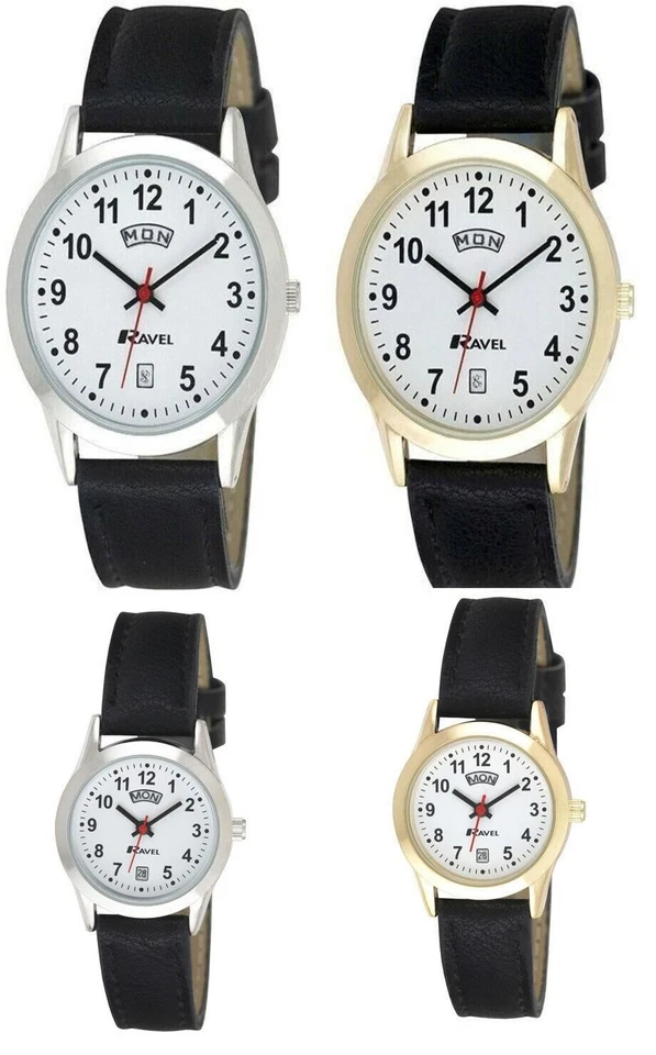 Ravel Quartz Day Date Leather Strap Watch Gold or Silver Case - Image 1 of 1