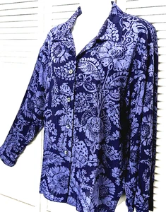 VTG 80s JAEGER Great Britain Long Sleeve Blouse Large Navy Blue Paisley floral - Picture 1 of 12