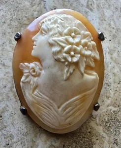 Vintage handgeschnitzte Muschel Kamee Brosche Dame Profil oval Anstecknadel Schmuck - Bild 1 von 2