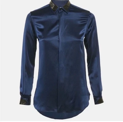 Saint Laurent Silk Button Down Blouse Lamb Leather Trim Size FR 40  - Image 1 of 4