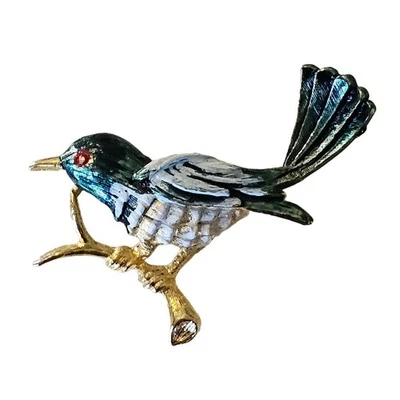 Винтажная брошь на булавке с птицей Gerrys зеленая и белая на золотой ветке с подписью - Изображение 1 из 4