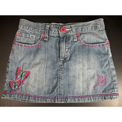 Ed Hardy By Christian Audigier Y2K Girls Sz 10 Denim Skirt Embroidered Butterfly - Image 1 of 4