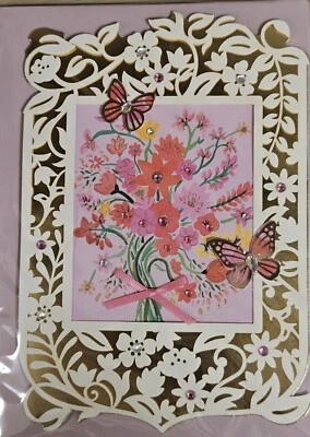 PAPYRUS 3D GEMMED FRAME FLOWERS LASER BOUQUET BUTTERFLIES VALENTINE'S DAY CARD - Image 1 of 4