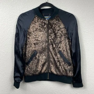 Gryphon New York Faux Fur Baseball Jacket Silk Long Sleeve Gold Black Sz S - Picture 1 of 10