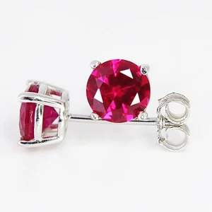 LAB CREATED RUBY -  WHITE GOLD PLATED STERLING SILVER -  6mm ROUND STUD EARRING - Picture 1 of 4