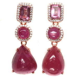 Heated 12 X 14 mm. Red With Pink Ruby Topaz Cubic-Zirconia Earrings 925 Silver - Picture 1 of 5