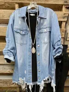 NEW Denim Shirt Womens Button Down Light Blue Vintage Long Sleeve Destroyed - Picture 1 of 6
