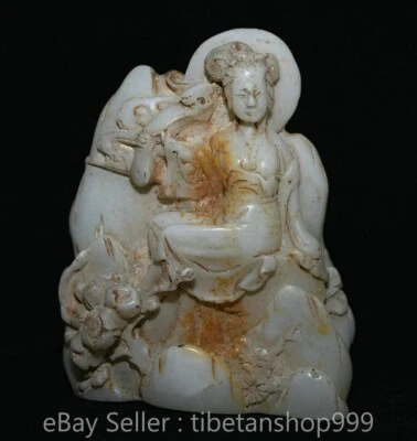 Estatua antigua china de 4,4" tallada en jade blanco budismo sentado Kwan-yin Guan Yin Ruyi Foto 1 de 4