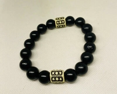 Pulsera de hombre de 7,5" de 12 mm con cuentas de piedra negra y resina elástica joyería distintiva Foto 1 de 2
