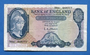BANCONOTA £5 BANCA D'Inghilterra febbraio 1961 obrien prefisso h54 - Foto 1 di 2