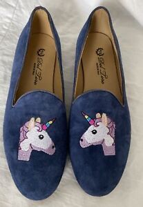 Del Toro Women Blue Flats Size 7 Unicorn Embroidered EUC