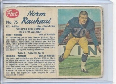 Norm Rauhaus Winnipeg Blue Bombers 1962 Post CFL Football Card #75 - Image 1 of 2