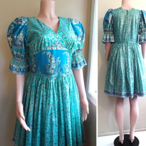 L Handmade Fit Flare Dress Aqua Floral Sari Poly Chiffon Puff Sleeve Lined Zip - Picture 1 of 9