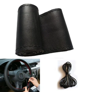 38cm DIY Car Auto PU Leather Steering Wheel Cover With Needles Thread Black - Picture 1 of 5
