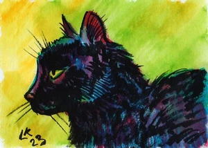 Black Cat ACEO - 2,5x3,5 Original Acuarela Miniatura, Sombra y Luz - Imagen 1 de 3