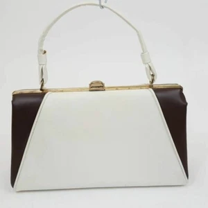 Vintage 1960s Shoulder Bag White Brown Color Block Clasp Top Handle Lined - Picture 1 of 10