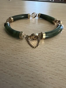 Vintage Chinese Nephrite Green Jade Gold Time Panel 7” Link Bracelet - Picture 1 of 9