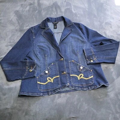 Rocawear Jean Jacket Women 1X Blue Denim Embroidered Fitted Crop - Image 1 of 4