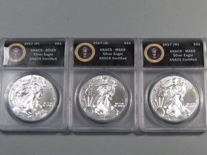 3er-SET AMERICAN SILVER EAGLES 2017 P-S-W ANACS MS69 - USA - Kostenloser Versand - Bild 1 von 6