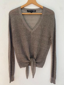 Veronica Beard Damen M Leinenmischung Slub Pullover Oberteil braun vorne zum Binden V-Ausschnitt - Bild 1 von 6