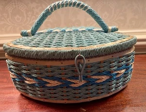 Vintage Wicker Woven Sewing Basket Box Blue Satin Quilted with Notions Japan - Picture 1 of 17