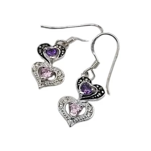 Sterling Silver Amethyst Pink Topaz Double Heart Dainty Dangle Earrings 925 - Picture 1 of 15