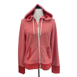 Tommy Hilfiger Womens M Sweater Hoodie Red Orange Striped Full Zip Preppy Casual - Picture 1 of 8