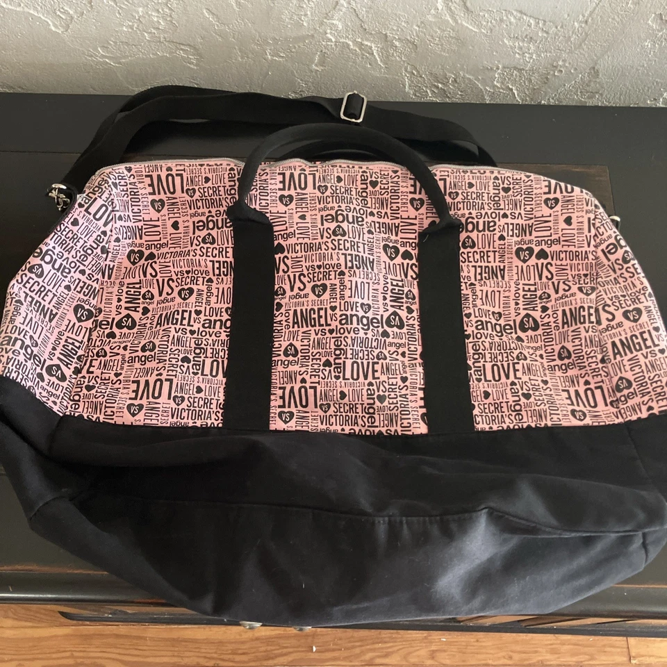 Bolso de Mano Victoria's Secret VS Rosa Negro Ángel Lona Fin de Semana Viaje Gimnasio Lona Foto 1 de 4