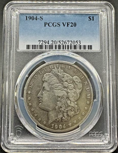 1904-S MORGAN SILVER DOLLAR PCGS VF20 10XBA25 - Picture 1 of 4
