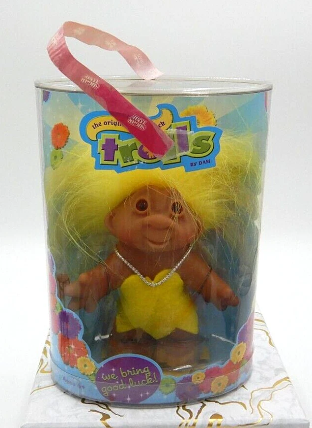 Girl in Yellow Felt Outfit- 5" DAM Troll Doll - NEW IN CONTAINER - 2005 - Image 1 of 4