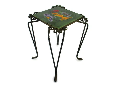 Vintage Side Table Plant stand Ceramic Tiles Geisha Italy  Wrought Iron Funky Cover