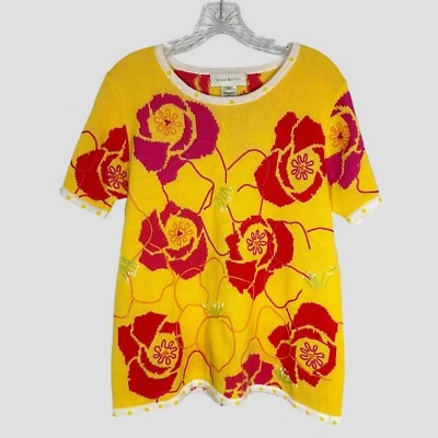 VTG Susan Bristol Sweater Yellow Floral Short Sleeve Size Medium 2002 Beading  - Image 1 of 4