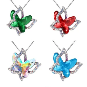 Birthstone Crystal Butterfly Pendant Necklace Stainless Steel Women Girls - Picture 1 of 13