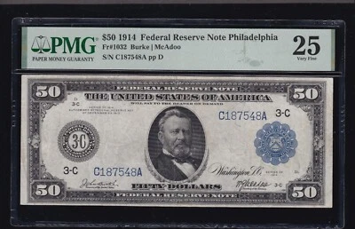 US 1914 $50 FRN Philadelphia District Note FR 1032 Burke/McAdoo PMG 25 VF (548) - Image 1 of 2