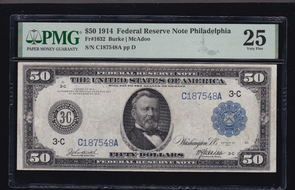 US 1914 $50 FRN Philadelphia District Note FR 1032 Burke/McAdoo PMG 25 VF (548) - Image 1 of 2
