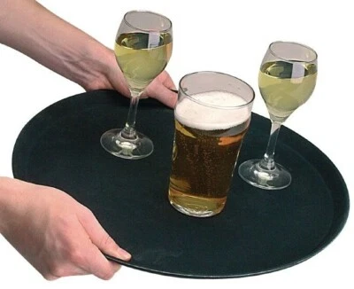 Bar Tray Round Non Slip 11" 28cm Black Serving Waiters Grip Tread Tray - Image 1 of 2