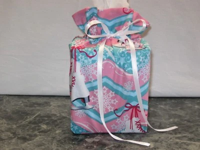 White ICE SKATES / pink & blue cotton Fabric Handmade Square Tissue Box Cover - Image 1 of 2