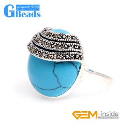 Anillo Joyería Moda 20mm Botón Piedra Cuentas Vintage Tibetano Plata Marcasita Foto 1 de 4