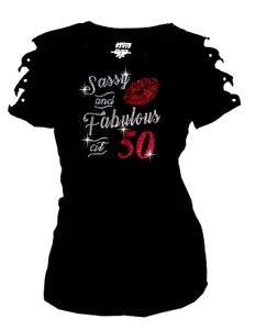 Bling T-shirt "Sassy and Fabulous at 50" 50th Birthday Shirt Ripped Cut Out Sht - Picture 1 of 3