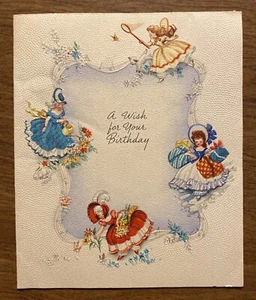 Tarjeta de felicitación de feliz cumpleaños vintage de los años 40 niñas activas en vestidos flores P1G - Imagen 1 de 12
