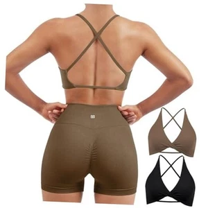 Women 2 Piece Open Back Strappy Sports Bra Pack Twist Medium #2 Coffee & Black - Picture 1 of 7