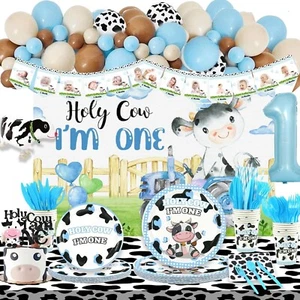 Holy Cow Im One Birthday Decorations Boy, Farm Cow First Party Supplies Backd... - Picture 1 of 7
