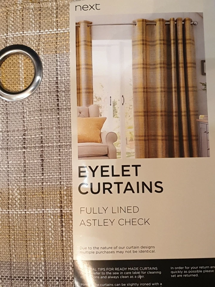 2 X PAIRS NEXT Ochre ASHLEY Check Fully Lined Eyelet Curtains 228x229cm £390 - Image 1 of 4