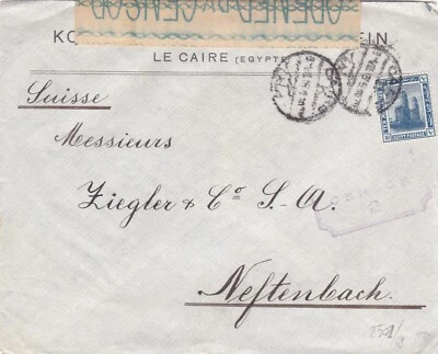 Egipto 1915 Primera Guerra Mundial Cubierta censurada enviada a Suiza con CD de El Cairo Foto 1 de 2
