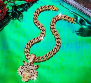 18 Karat Vergoldeter Tigerkopf Anhänger Kubanische Halskette 20"" 30g Tiger Tiere - Bild 1 von 2