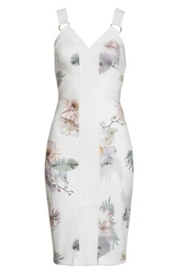 NUEVO CON ETIQUETAS TED BAKER Vestido Vaina Lápiz Ajustado Floral en Blanco 1 / EE. UU. 0-2 XS Foto 1 de 4