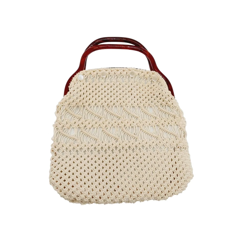 Womens Handbag Crocheted Cream With Brown Acrylic Lucite Handles Vintage  - Image 1 of 4