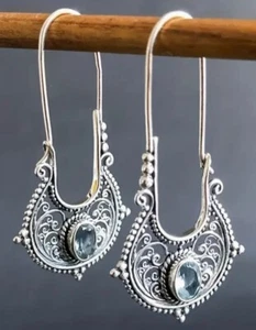 Silver Plated Blue CZ Boho Safety Pin Dangle Earrings - New - Picture 1 of 4